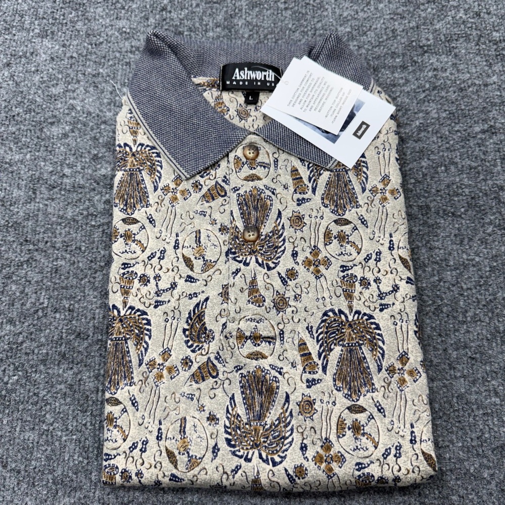 Ashworth Mens Golf Polo Shirt Large Cream Batik Print Short Sleeve Made in USA